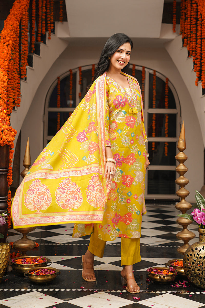 Yellow Viscose Rayon Geometric Embroidered Straight Kurta Trousers With Dupatta PKSKD3080