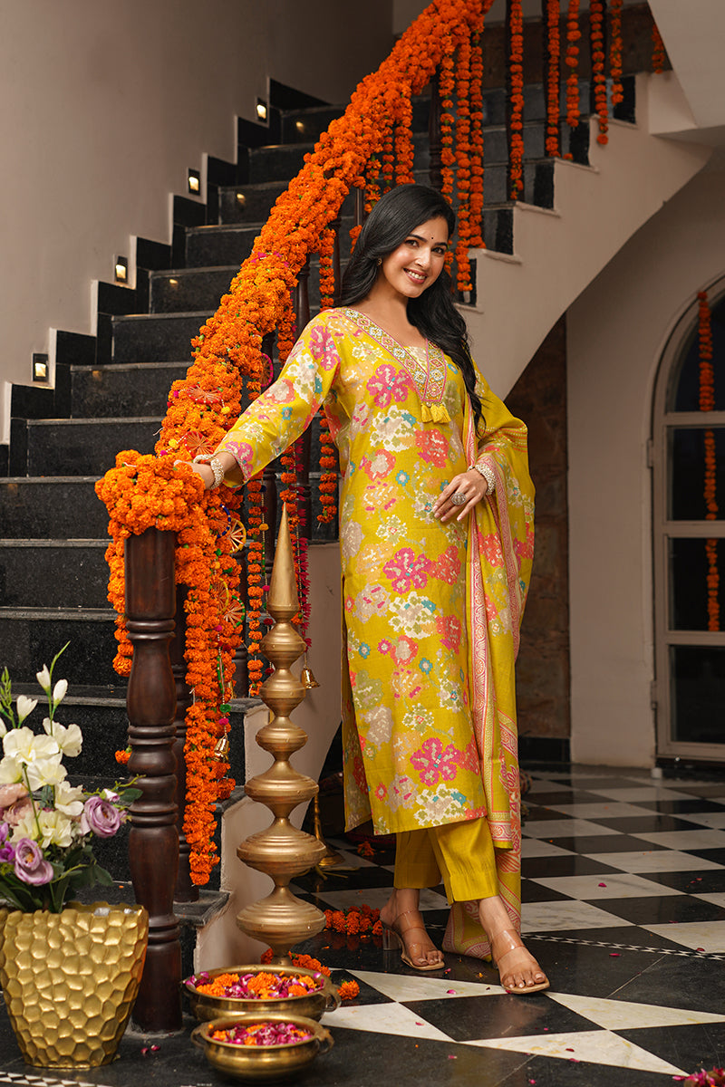 Yellow Viscose Rayon Geometric Embroidered Straight Kurta Trousers With Dupatta PKSKD3080