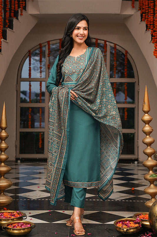 Teal Rayon Blend Ajrakh Printed Straight Kurta Trousers With Dupatta PKSKD3082