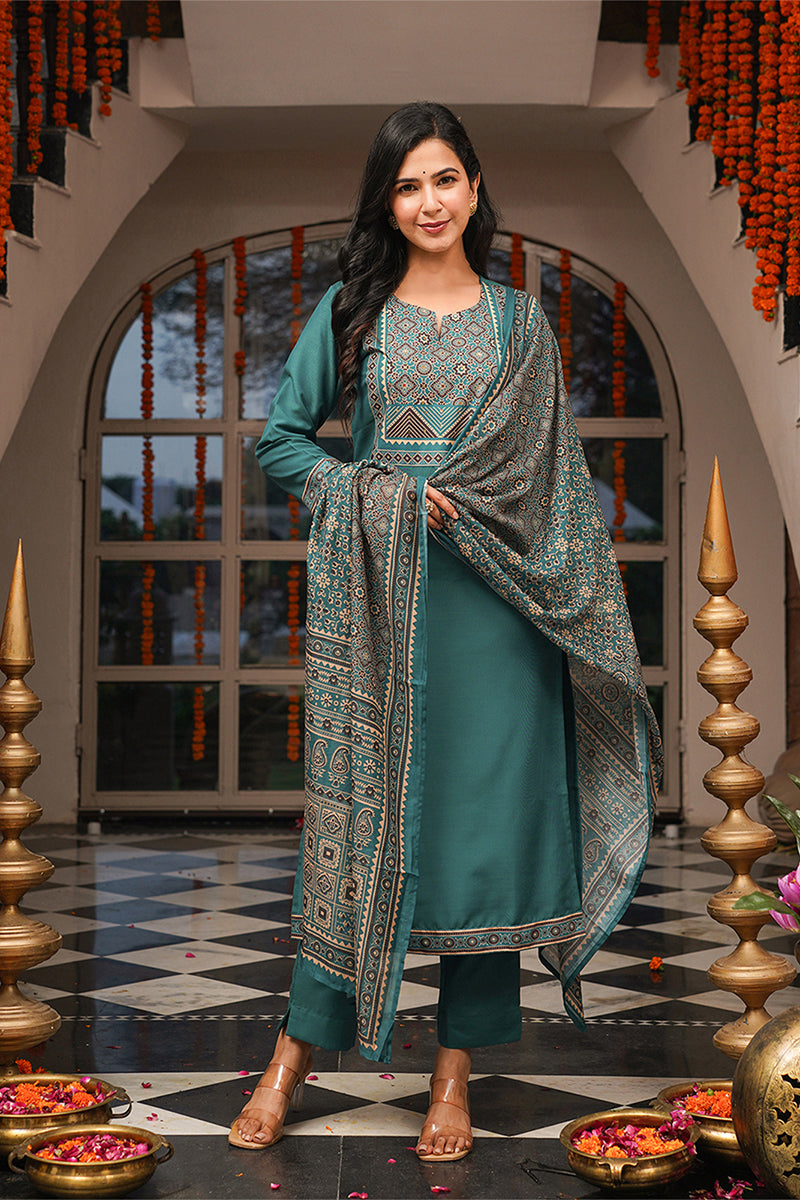 Teal Rayon Blend Ajrakh Printed Straight Kurta Trousers With Dupatta PKSKD3082