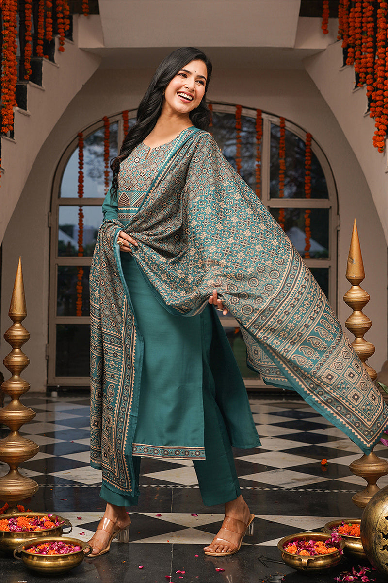 Teal Rayon Blend Ajrakh Printed Straight Kurta Trousers With Dupatta PKSKD3082