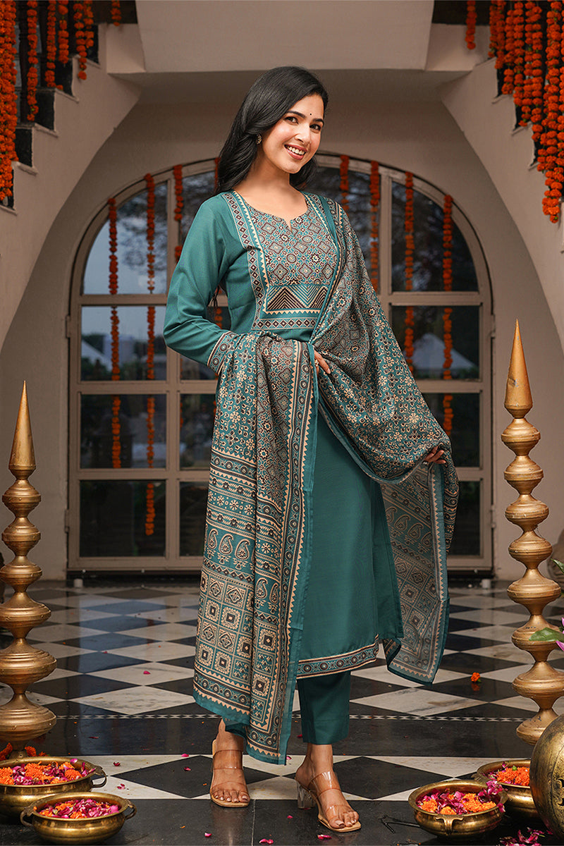 Teal Rayon Blend Ajrakh Printed Straight Kurta Trousers With Dupatta PKSKD3082