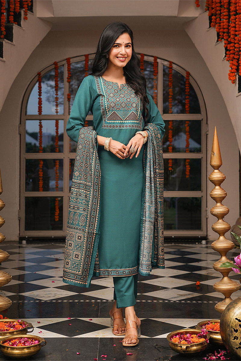 Teal Rayon Blend Ajrakh Printed Straight Kurta Trousers With Dupatta PKSKD3082