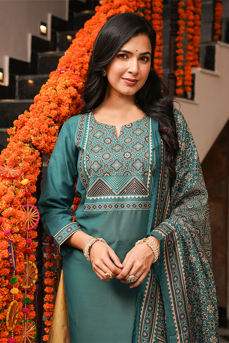 Teal Rayon Blend Ajrakh Printed Straight Kurta Trousers With Dupatta PKSKD3082