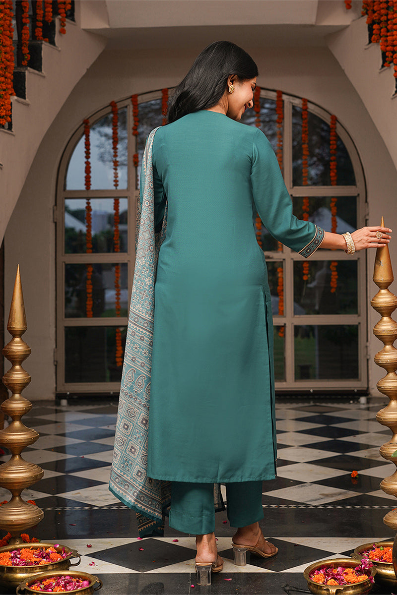 Teal Rayon Blend Ajrakh Printed Straight Kurta Trousers With Dupatta PKSKD3082