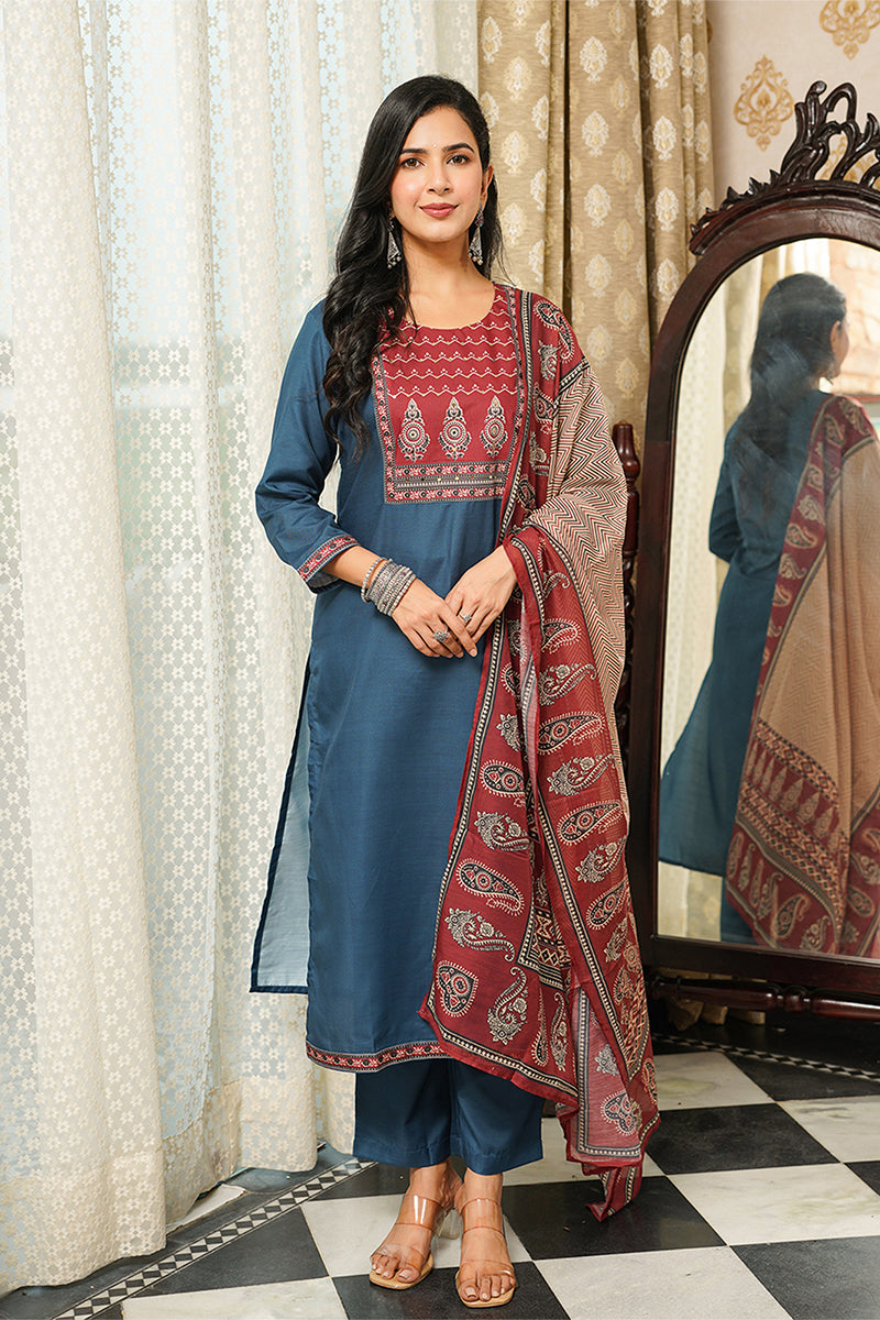 Blue Cotton Blend Ajrakh Printed Straight Kurta Trousers With Dupatta PKSKD3089