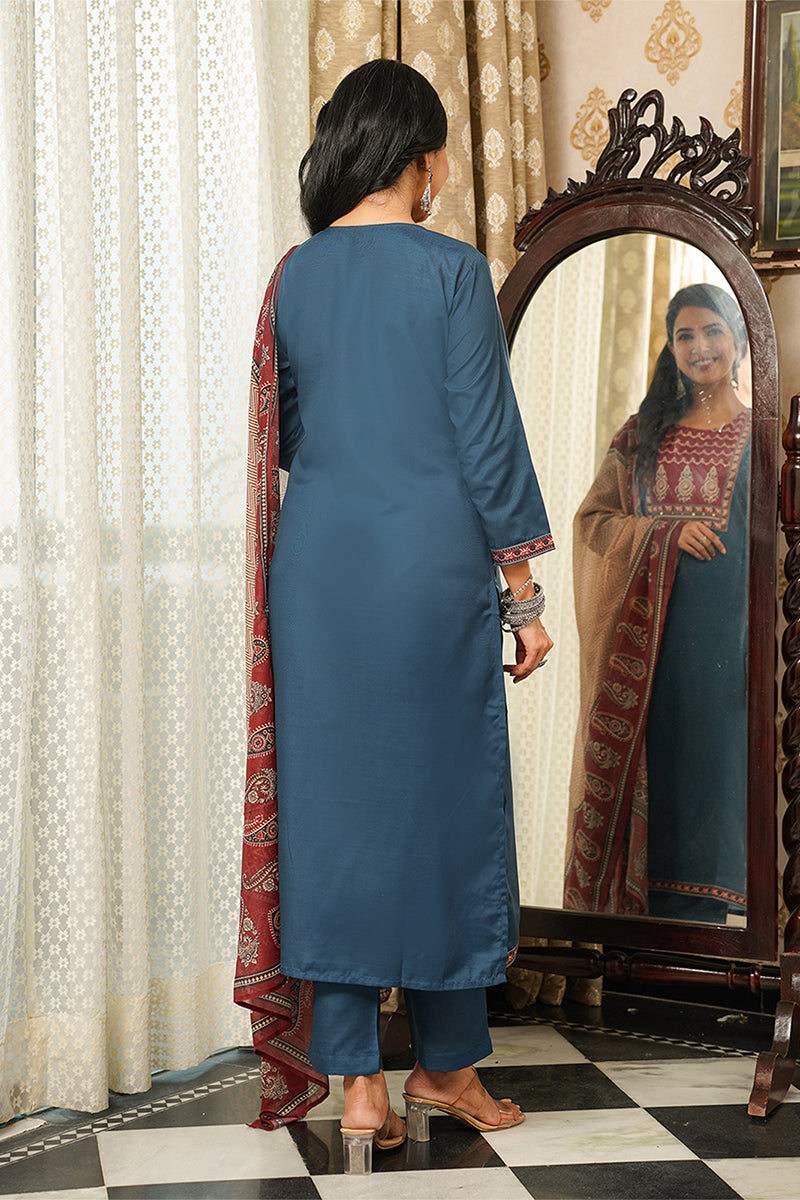 Blue Cotton Blend Ajrakh Printed Straight Kurta Trousers With Dupatta PKSKD3089