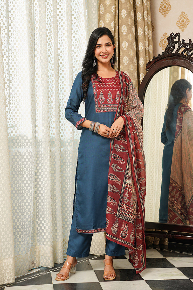 Blue Cotton Blend Ajrakh Printed Straight Kurta Trousers With Dupatta PKSKD3089