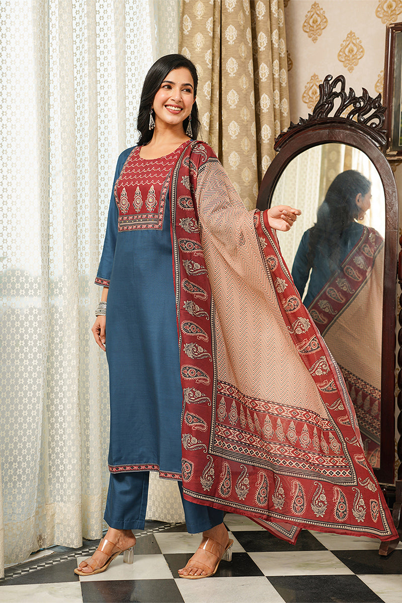 Blue Cotton Blend Ajrakh Printed Straight Kurta Trousers With Dupatta PKSKD3089