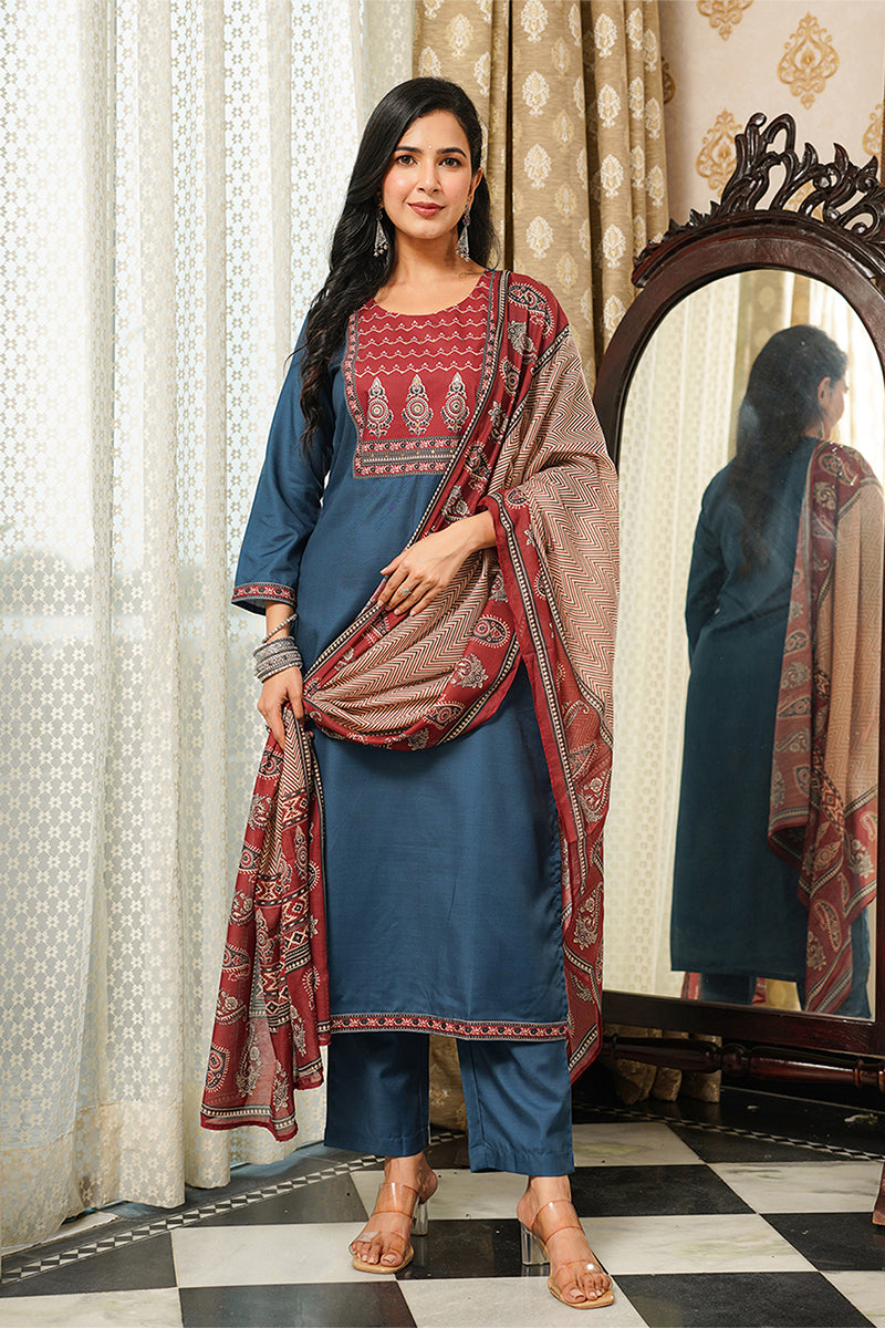 Blue Cotton Blend Ajrakh Printed Straight Kurta Trousers With Dupatta PKSKD3089
