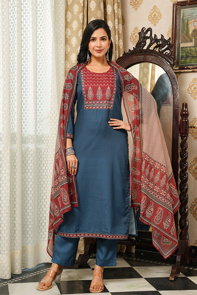 Blue Cotton Blend Ajrakh Printed Straight Kurta Trousers With Dupatta PKSKD3089
