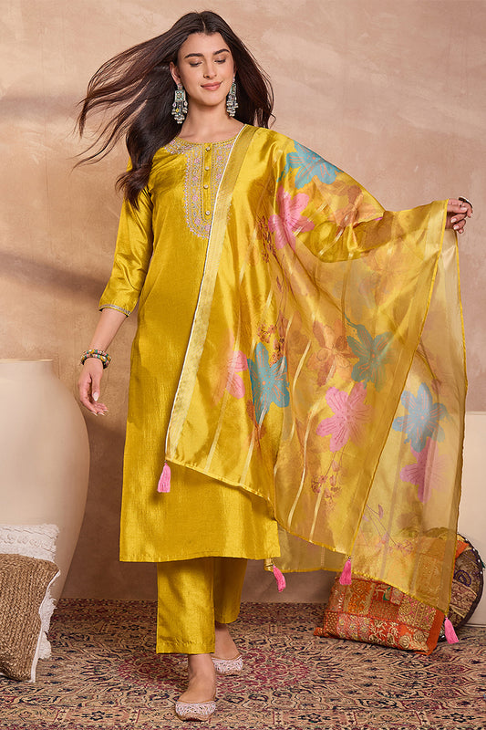 Yellow Silk Blend Solid Embroidered Straight Kurta Trouser With Dupatta PKSKD3102