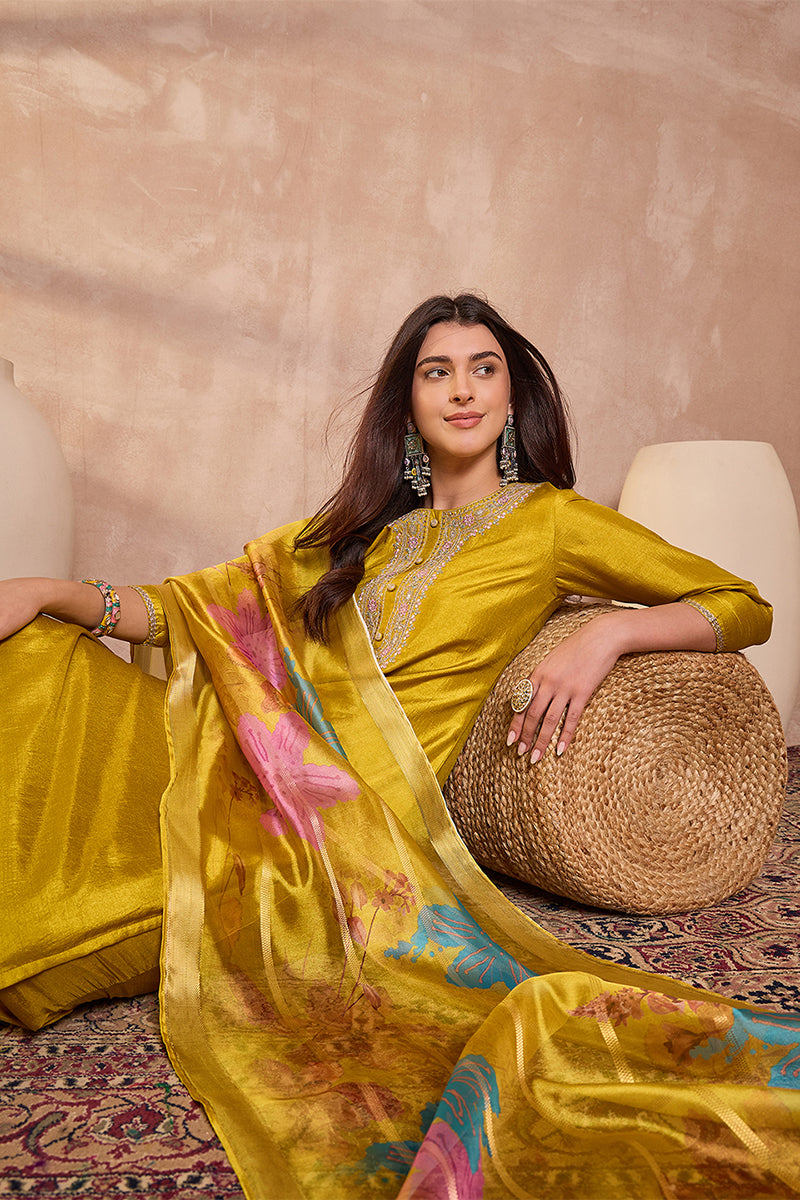 Yellow Silk Blend Solid Embroidered Straight Kurta Trouser With Dupatta PKSKD3102