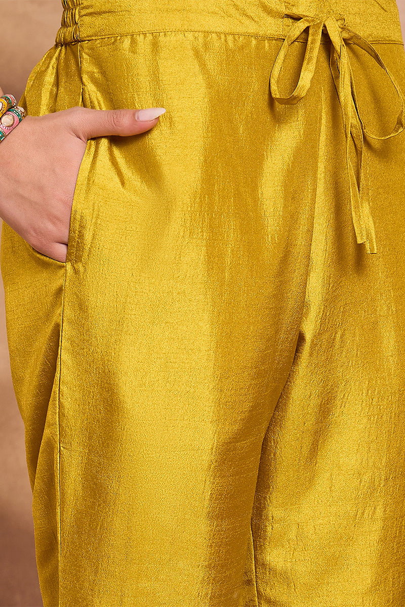 Yellow Silk Blend Solid Embroidered Straight Kurta Trouser With Dupatta PKSKD3102