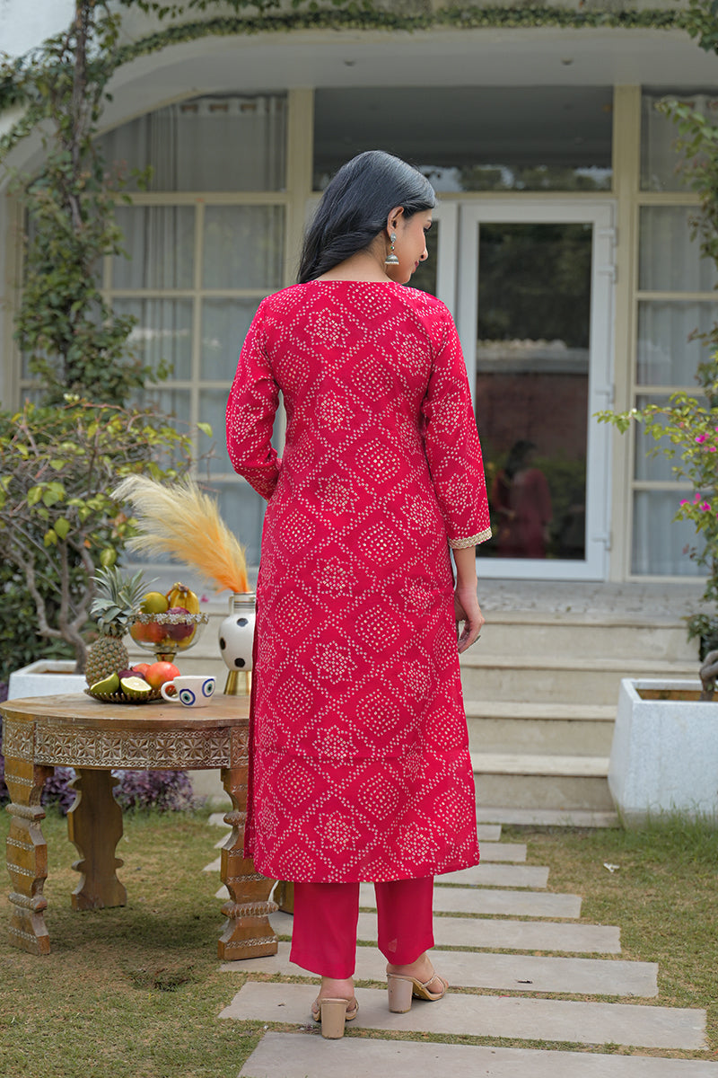 Red Silk Blend Bandhani Embroidered Straight Kurta Trousers With Dupatta PKSKD3105