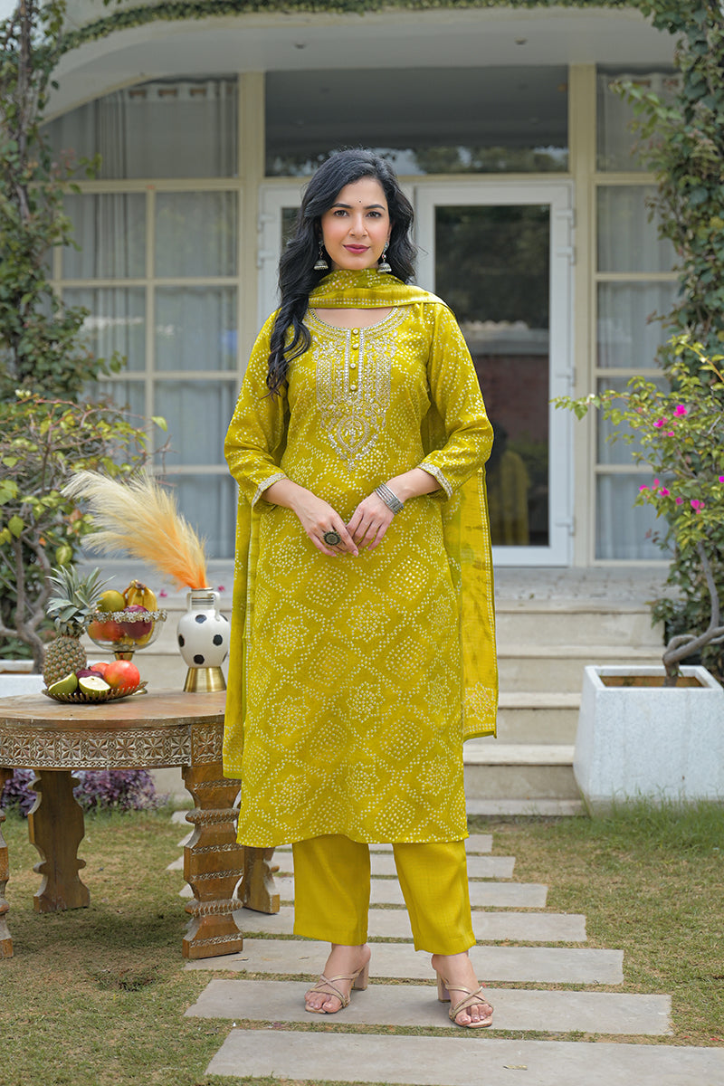Yellow Silk Blend Bandhani Embroidered Straight Kurta Trousers With Dupatta PKSKD3106