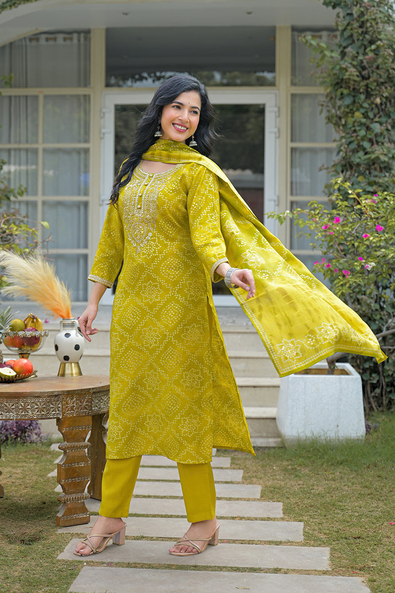 Yellow Silk Blend Bandhani Embroidered Straight Kurta Trousers With Dupatta PKSKD3106
