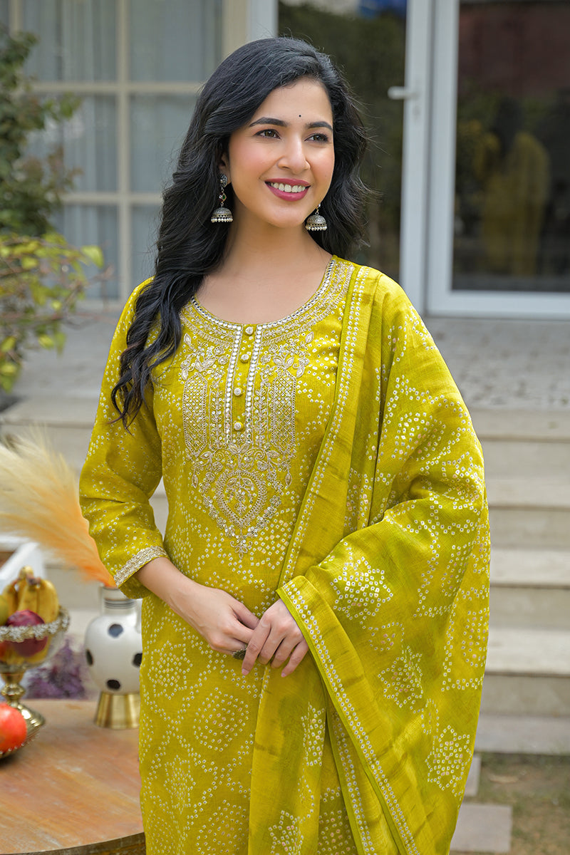 Yellow Silk Blend Bandhani Embroidered Straight Kurta Trousers With Dupatta PKSKD3106