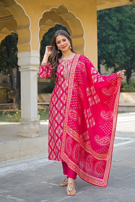 Pink Viscose Ikat Embroidered Straight Kurta Trousers With Dupatta PKSKD3127
