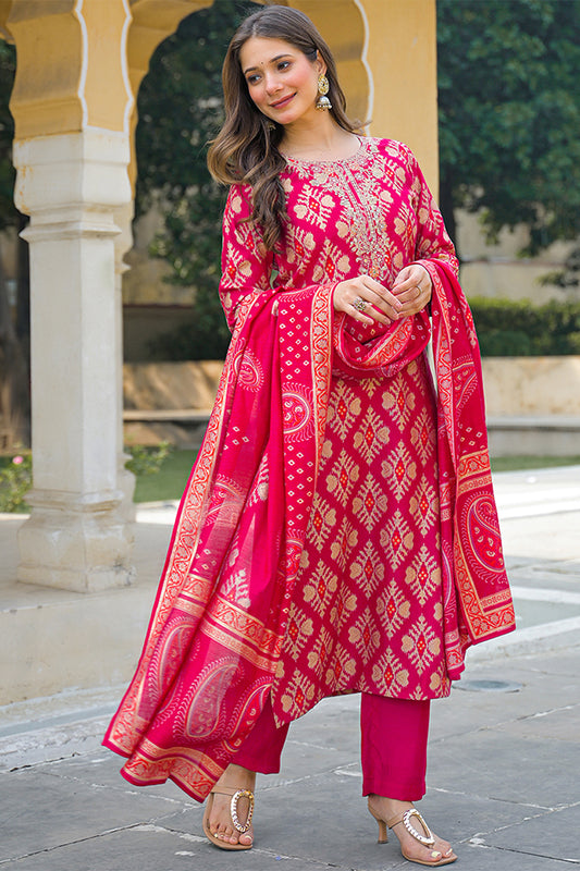 Pink Viscose Ikat Embroidered Straight Kurta Trousers With Dupatta PKSKD3127