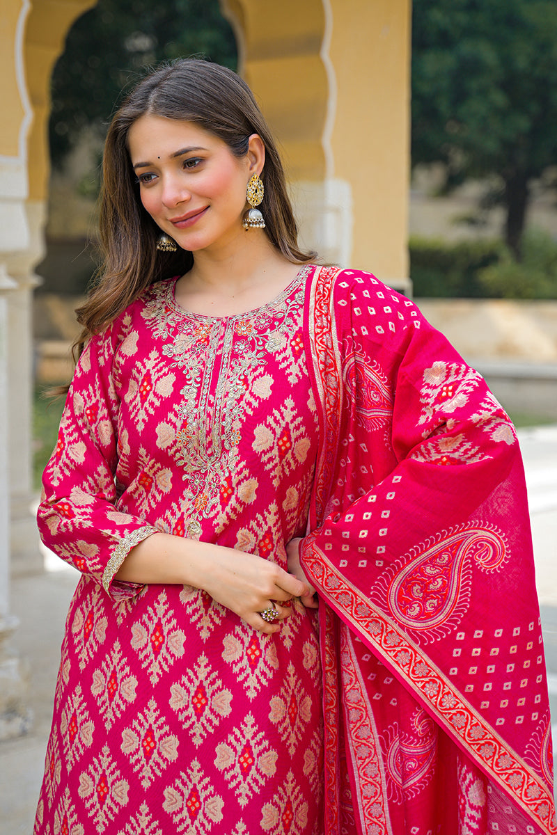 Pink Viscose Ikat Embroidered Straight Kurta Trousers With Dupatta PKSKD3127