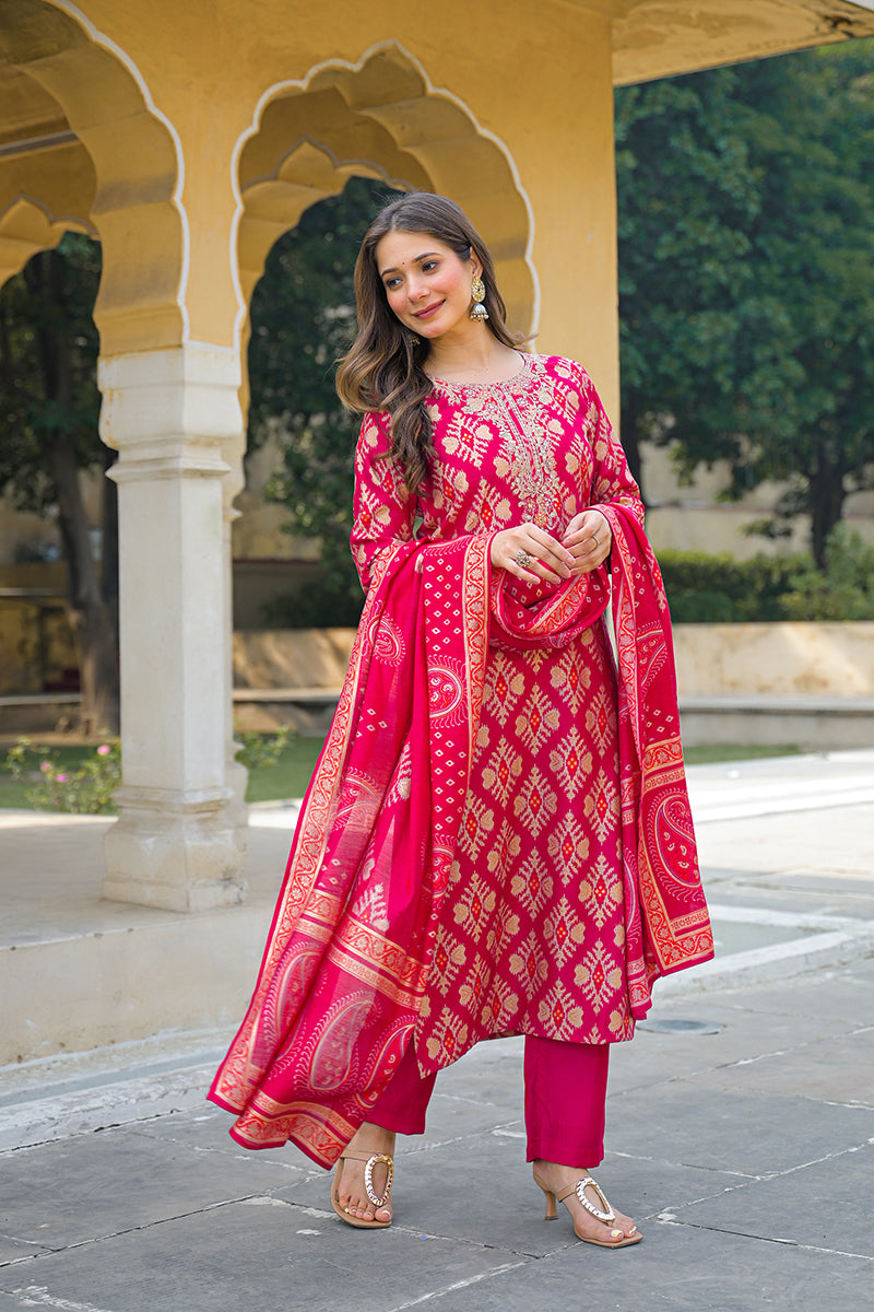 Pink Viscose Ikat Embroidered Straight Kurta Trousers With Dupatta PKSKD3127