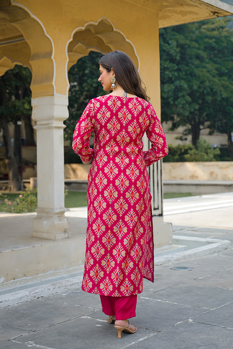 Pink Viscose Ikat Embroidered Straight Kurta Trousers With Dupatta PKSKD3127