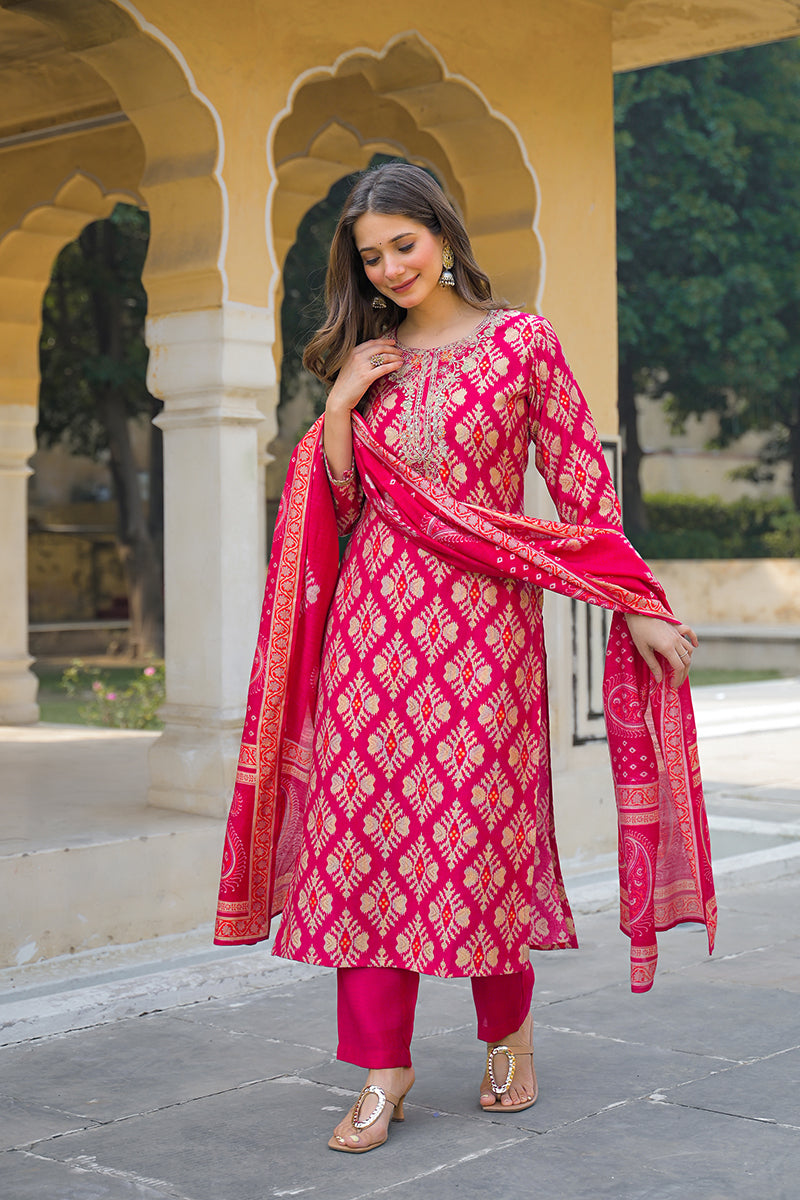 Pink Viscose Ikat Embroidered Straight Kurta Trousers With Dupatta PKSKD3127