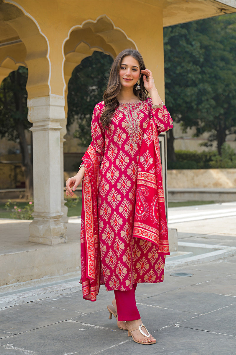 Pink Viscose Ikat Embroidered Straight Kurta Trousers With Dupatta PKSKD3127