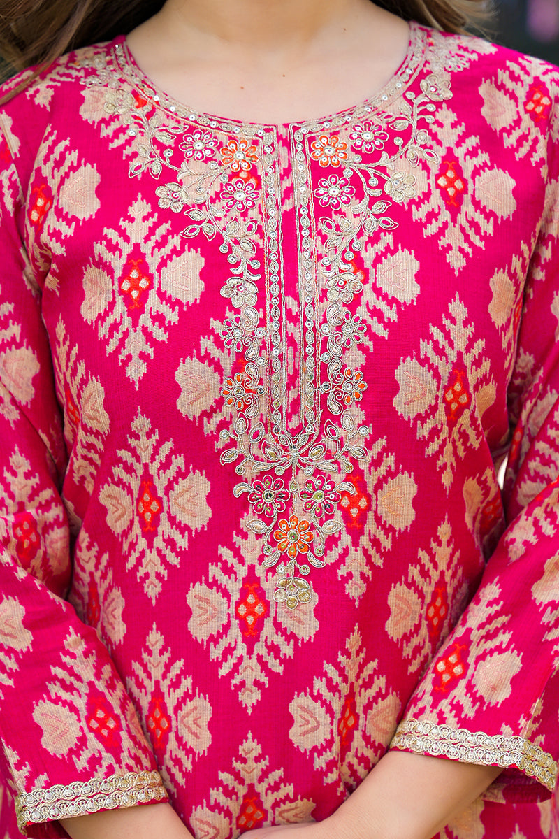 Pink Viscose Ikat Embroidered Straight Kurta Trousers With Dupatta PKSKD3127