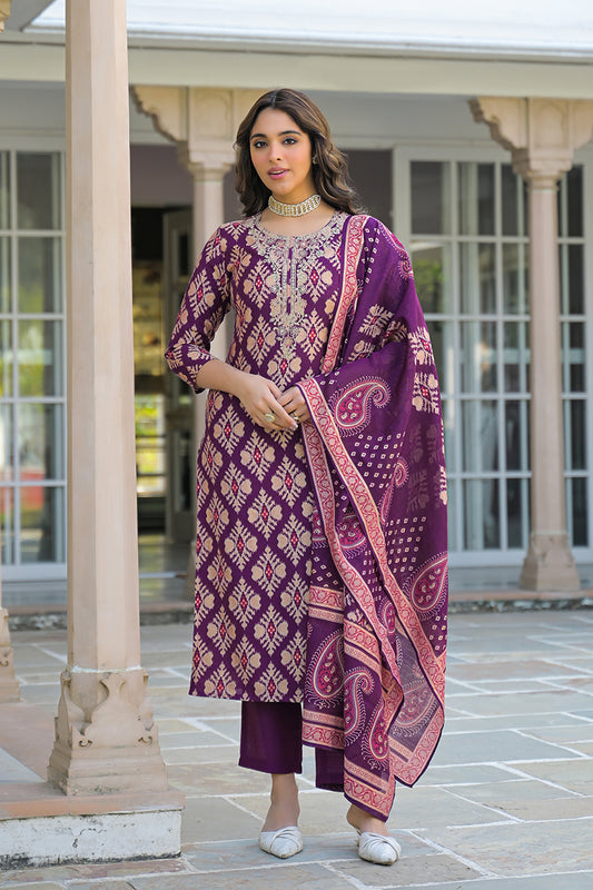 Purple Viscose Ikat Embroidered Straight Kurta Trousers With Dupatta PKSKD3137