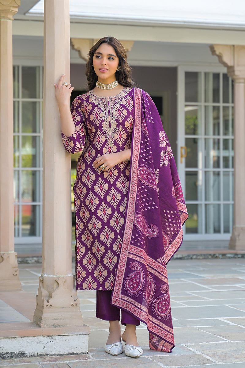 Purple Viscose Ikat Embroidered Straight Kurta Trousers With Dupatta PKSKD3137