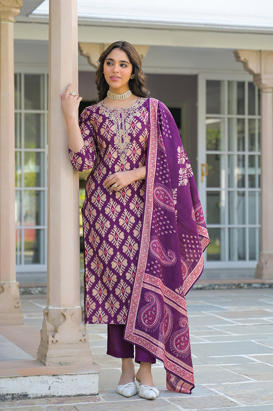 Purple Viscose Ikat Embroidered Straight Kurta Trousers With Dupatta PKSKD3137