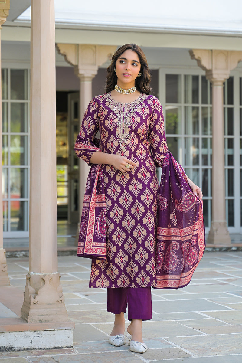 Purple Viscose Ikat Embroidered Straight Kurta Trousers With Dupatta PKSKD3137