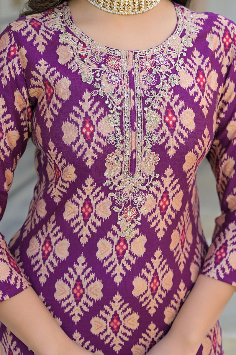 Purple Viscose Ikat Embroidered Straight Kurta Trousers With Dupatta PKSKD3137