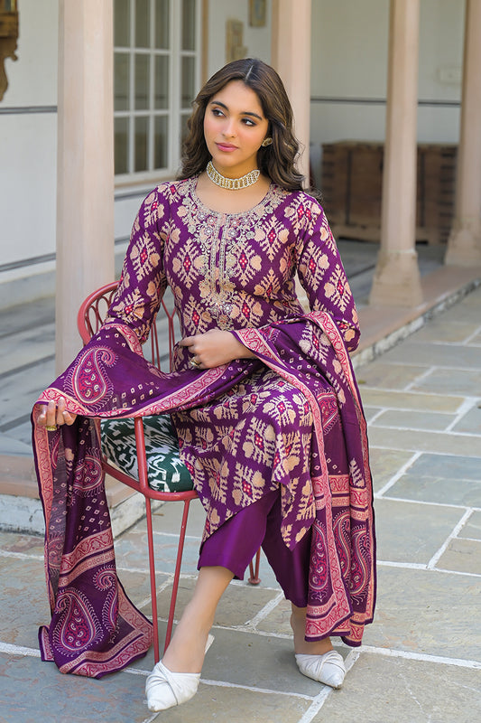 Purple Viscose Ikat Embroidered Straight Kurta Trousers With Dupatta PKSKD3137