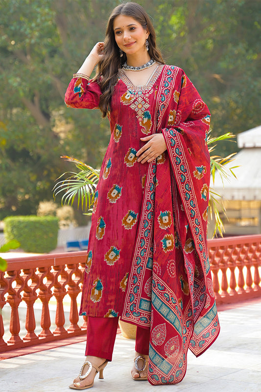 Maroon Viscose Embroidered Straight Kurta Trousers With Dupatta PKSKD3145