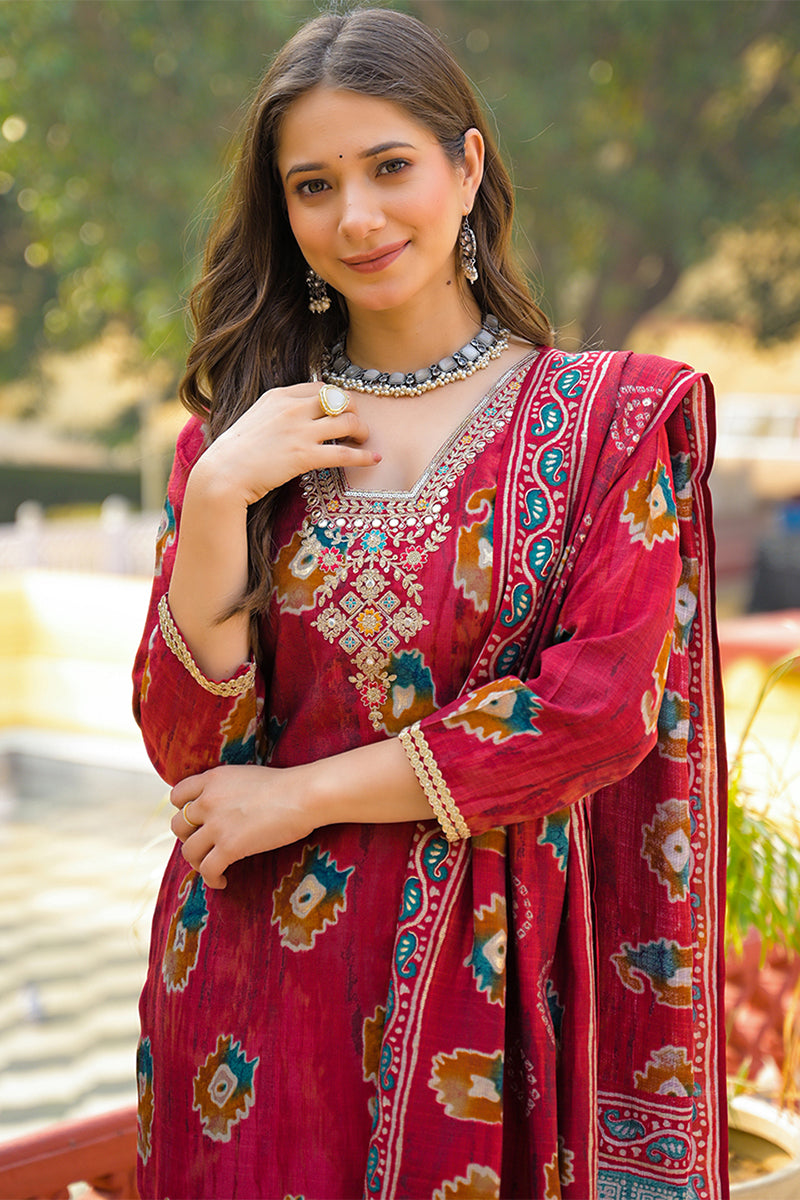 Maroon Viscose Embroidered Straight Kurta Trousers With Dupatta PKSKD3145