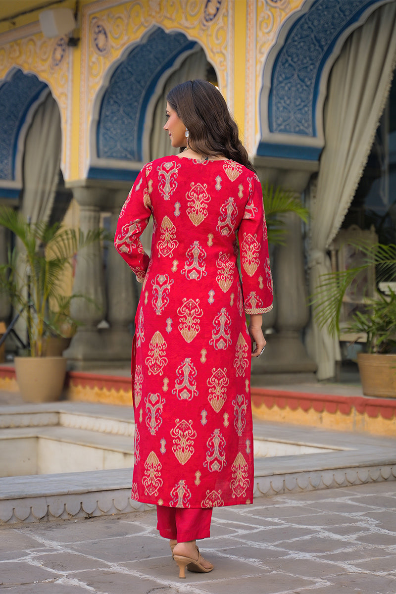 Pink Viscose Ikat Printed Straight Kurta Trousers With Dupatta PKSKD3148