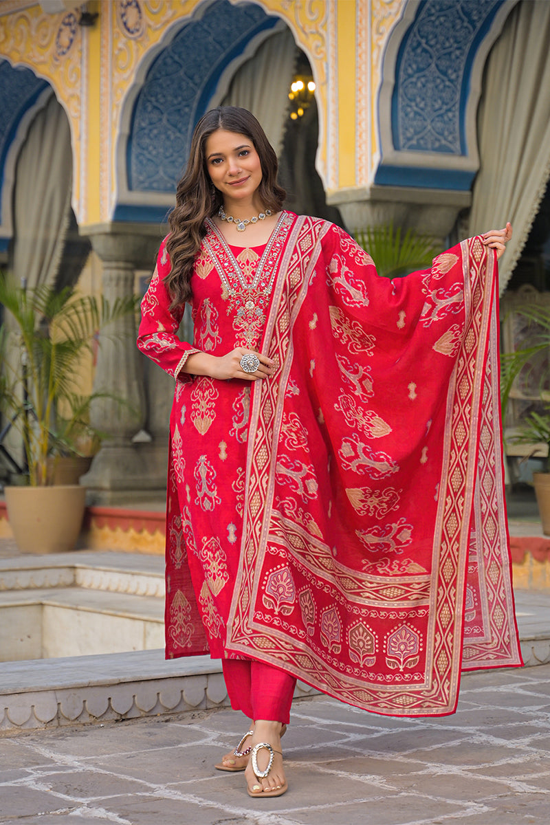 Pink Viscose Ikat Printed Straight Kurta Trousers With Dupatta PKSKD3148