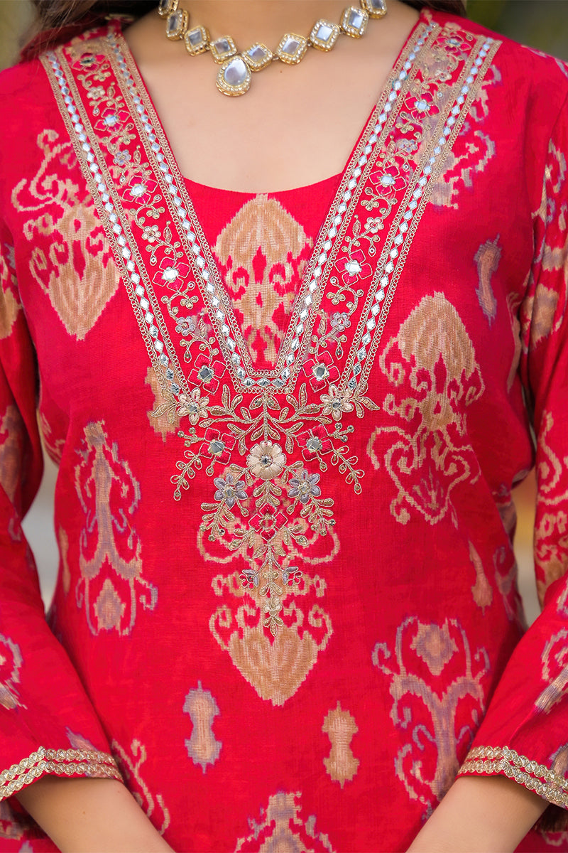 Pink Viscose Ikat Printed Straight Kurta Trousers With Dupatta PKSKD3148