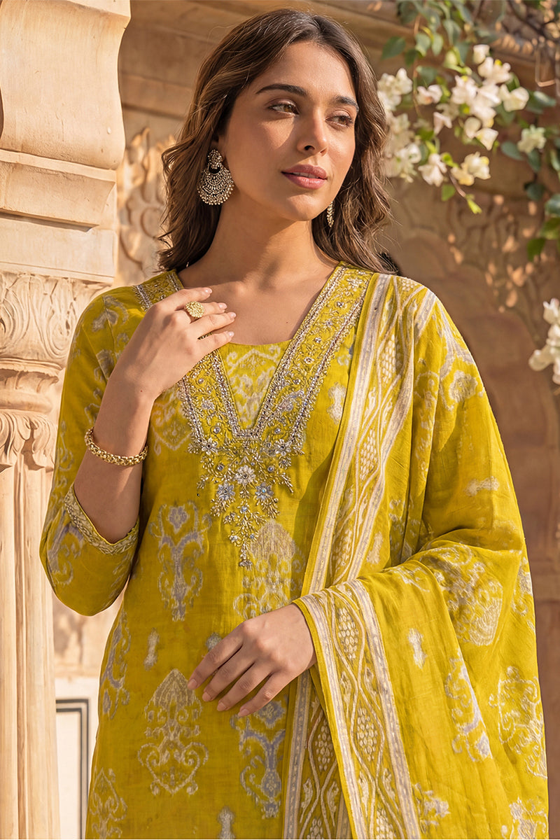 Yellow Viscose Ikat Printed Straight Kurta Trousers With Dupatta PKSKD3149