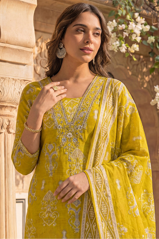 Yellow Viscose Ikat Printed Straight Kurta Trousers With Dupatta PKSKD3149
