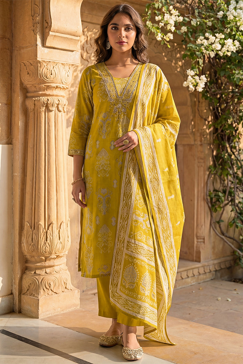Yellow Viscose Ikat Printed Straight Kurta Trousers With Dupatta PKSKD3149
