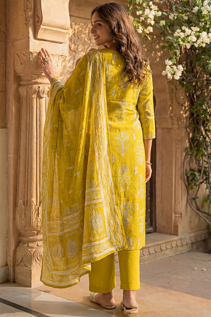 Yellow Viscose Ikat Printed Straight Kurta Trousers With Dupatta PKSKD3149