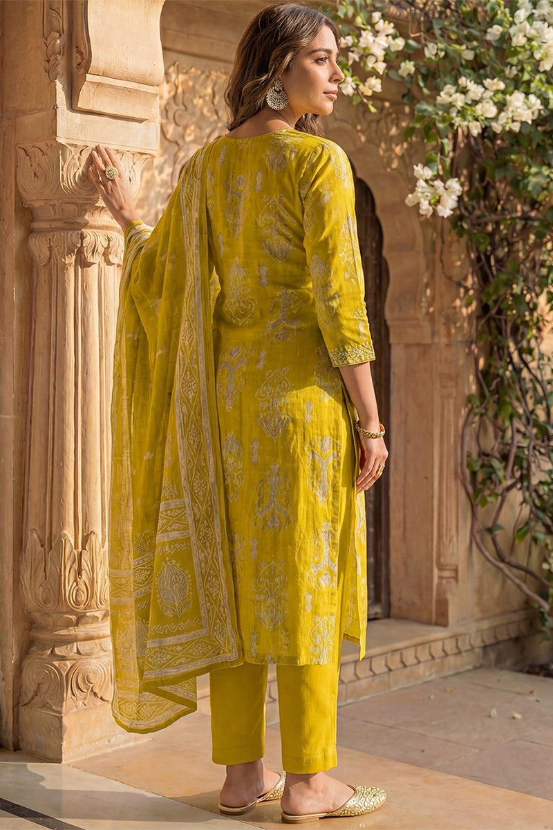 Yellow Viscose Ikat Printed Straight Kurta Trousers With Dupatta PKSKD3149