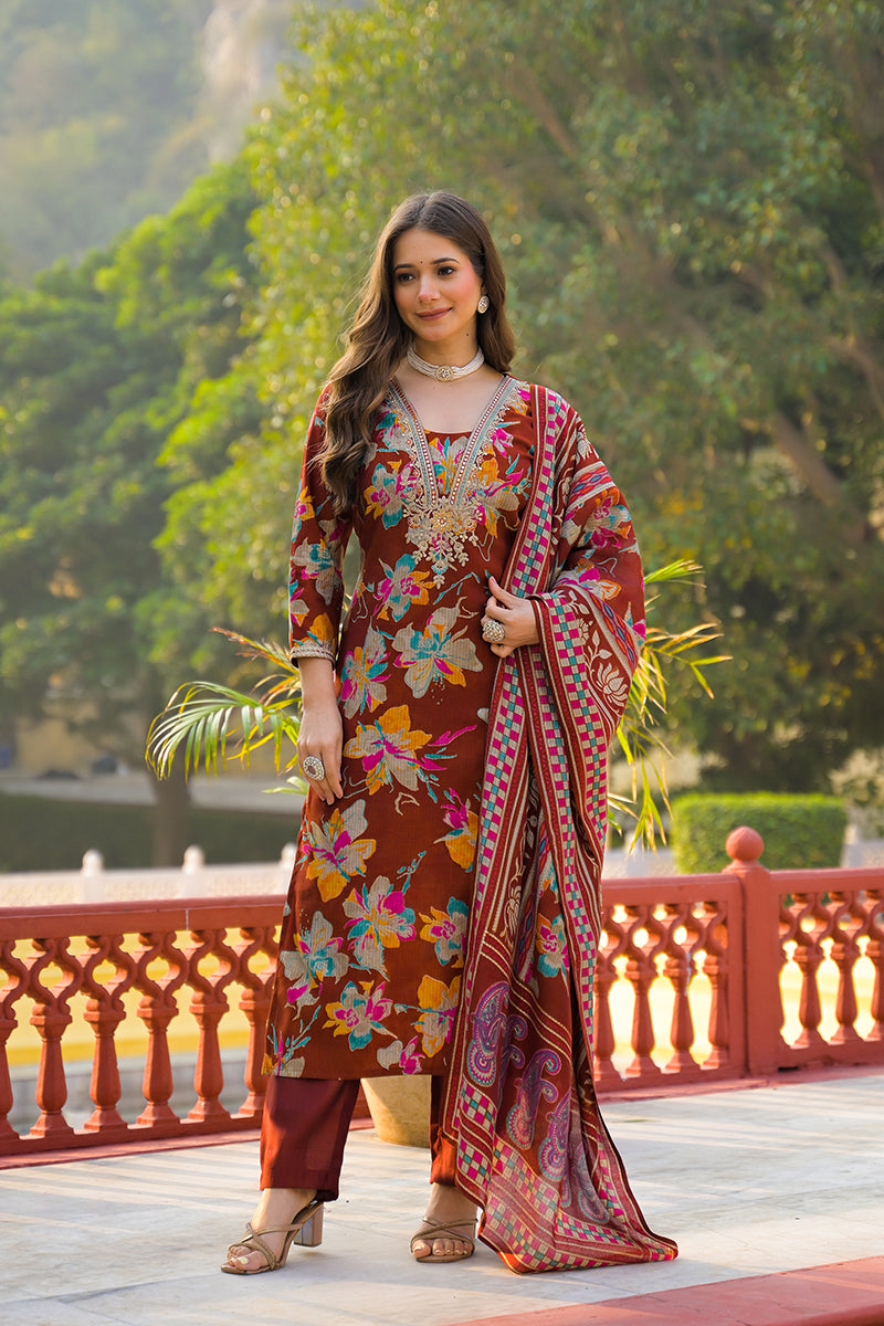 Brown Viscose Floral Printed Straight Kurta Trousers With Dupatta PKSKD3152