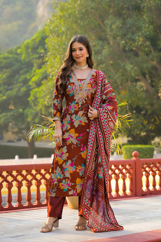 Brown Viscose Floral Printed Straight Kurta Trousers With Dupatta PKSKD3152