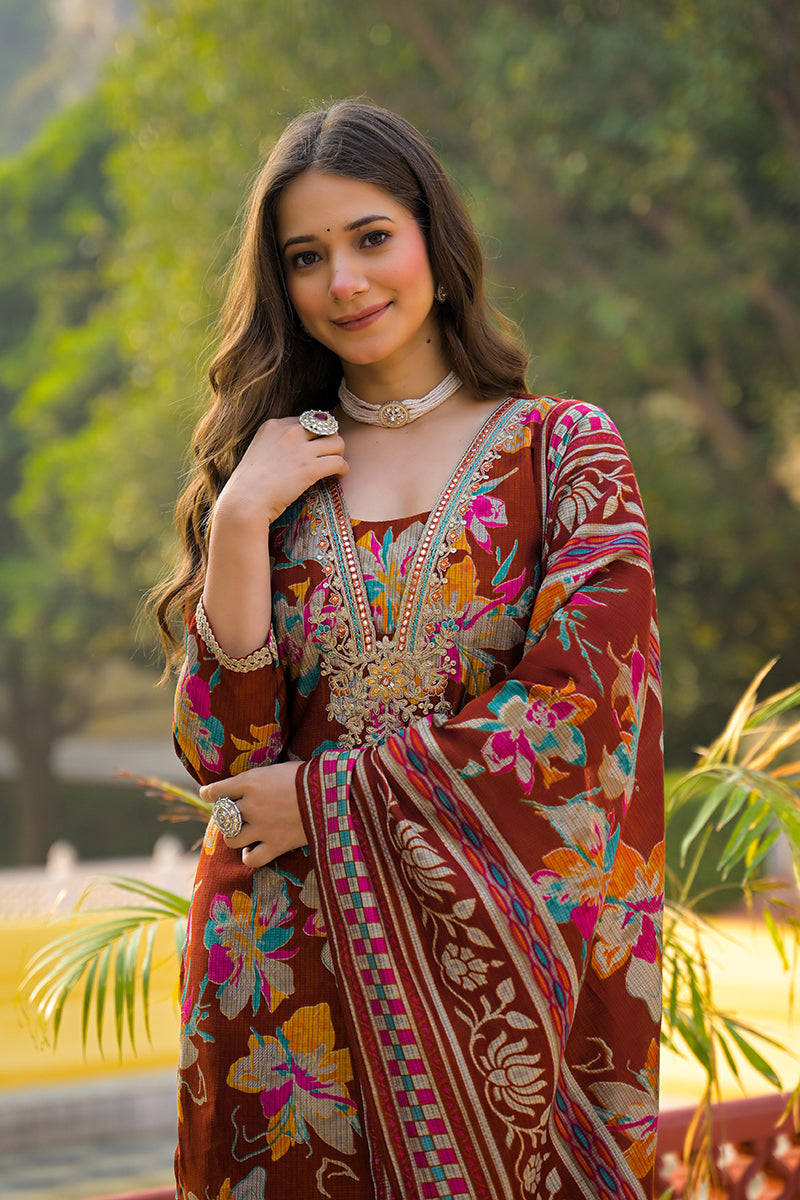 Brown Viscose Floral Printed Straight Kurta Trousers With Dupatta PKSKD3152
