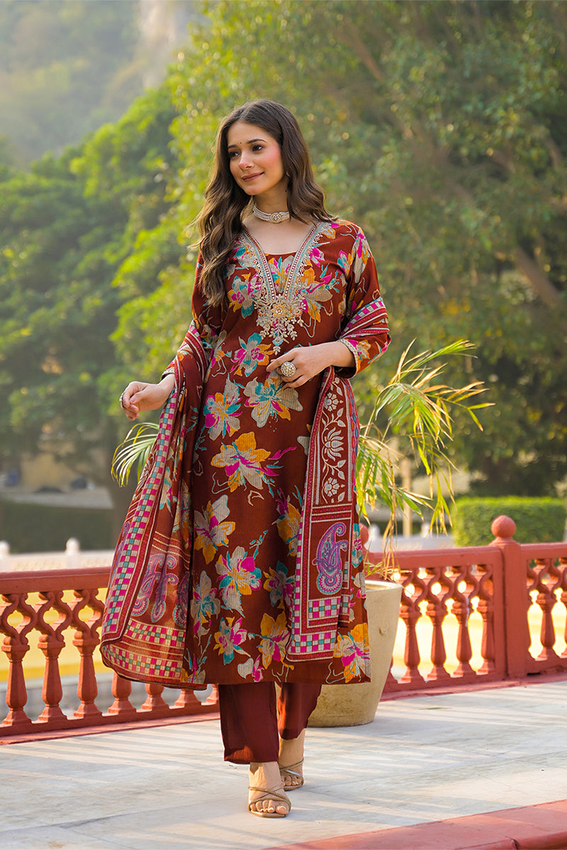 Brown Viscose Floral Printed Straight Kurta Trousers With Dupatta PKSKD3152